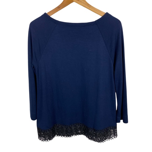 Loft Navy 3/4 Sleeve Black Lace Hem Knit Stretchy Blouse S Blue - Picture 2 of 10